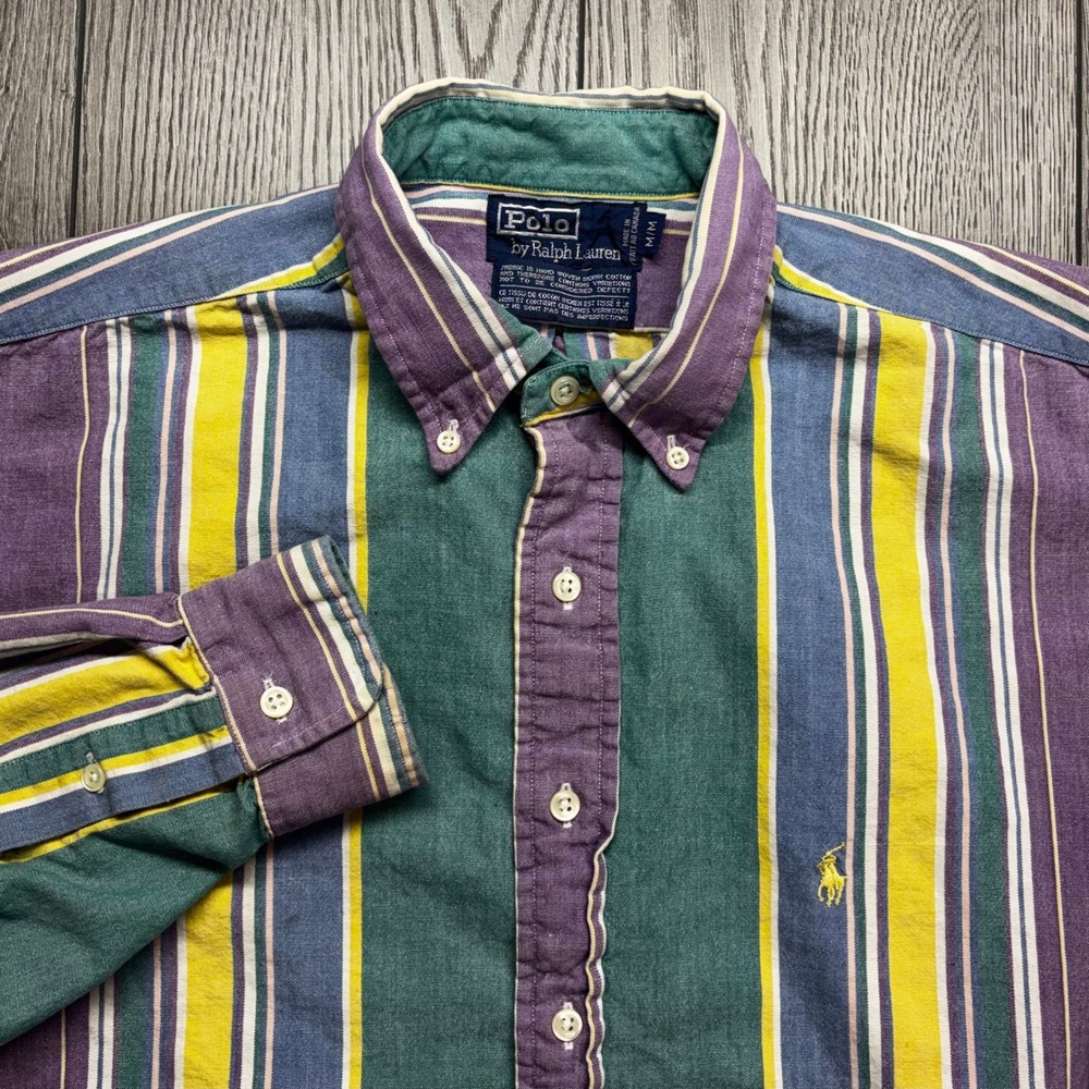 Vintage Polo Ralph Lauren Hand Woven Cotton Striped Shirt Mens Medium M